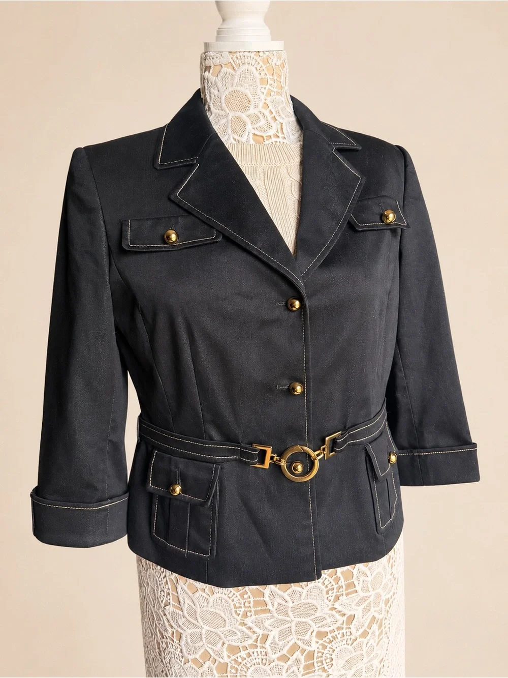 Tahari Arthur S Levine Y2K Belted Charcoal Blazer Gold Hardware Sz 10